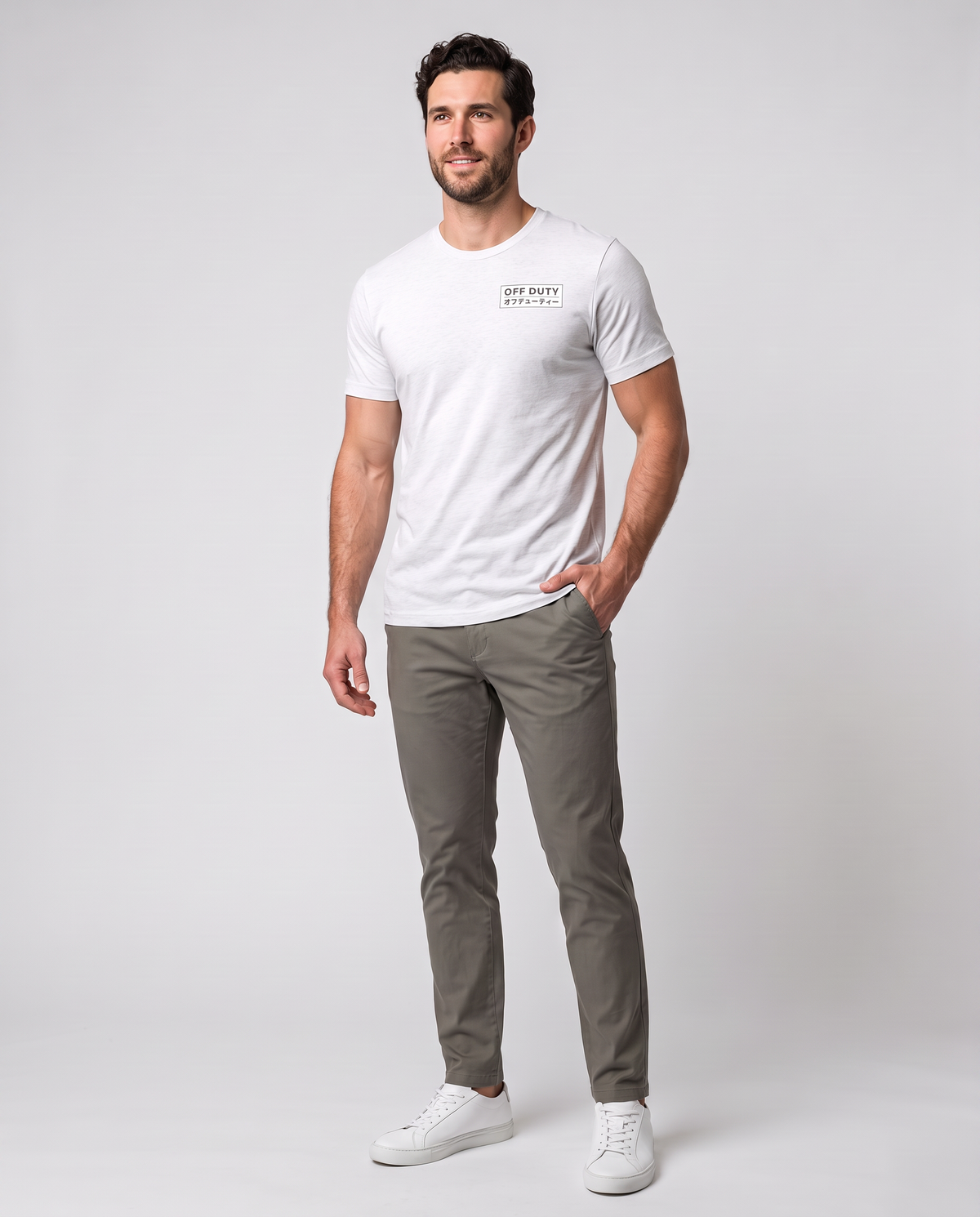 Off Duty Men's Triblend Tee in White on a studio model, restored scene