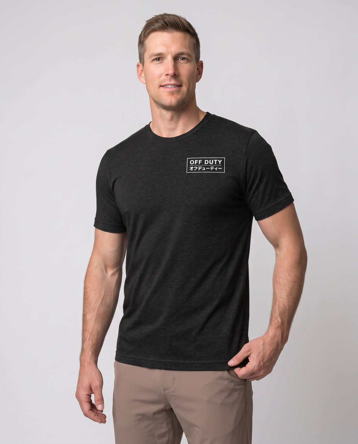 Off Duty Men's Triblend Tee in Black on a studio model, close-up view