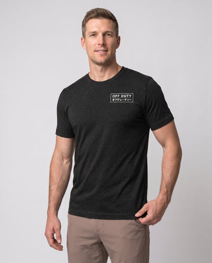 Off Duty Men's Triblend Tee in Black on a studio model, close-up view