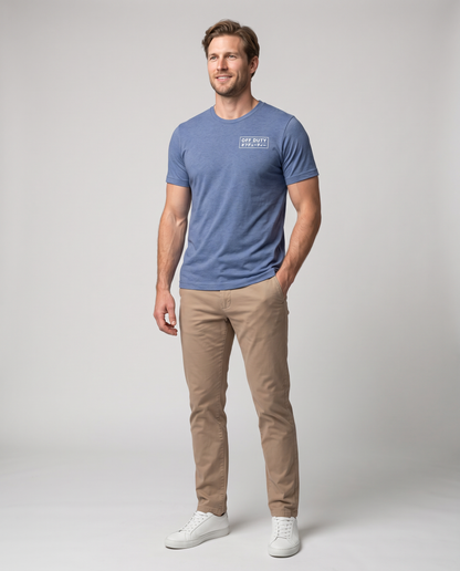 Off Duty Men's Triblend Tee in Blue on a studio model, full-body view