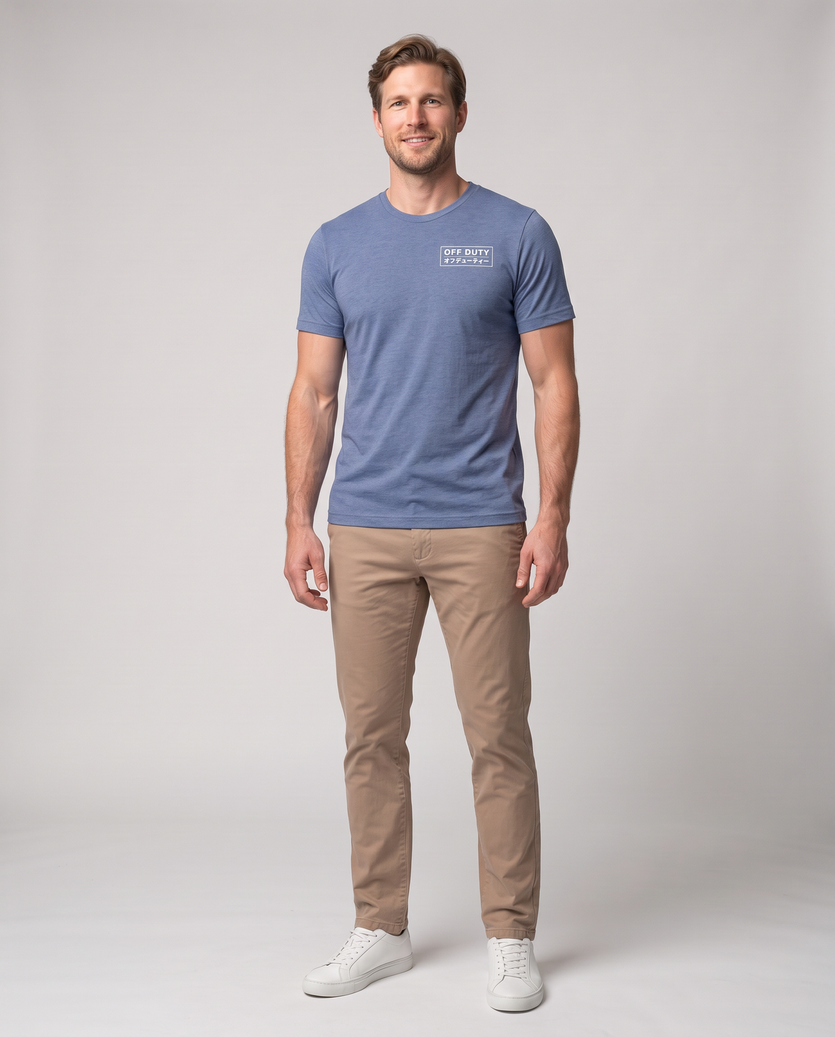Off Duty Men's Triblend Tee in Blue on a studio model, front-facing view