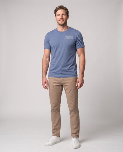 Off Duty Men's Triblend Tee in Blue on a studio model, front-facing view