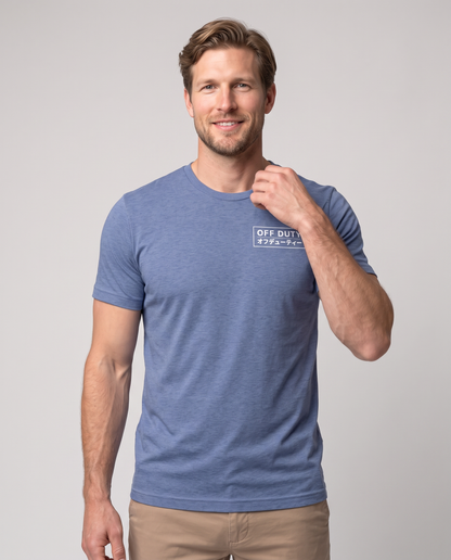 Off Duty Men's Triblend Tee in Blue on a studio model, collar detail