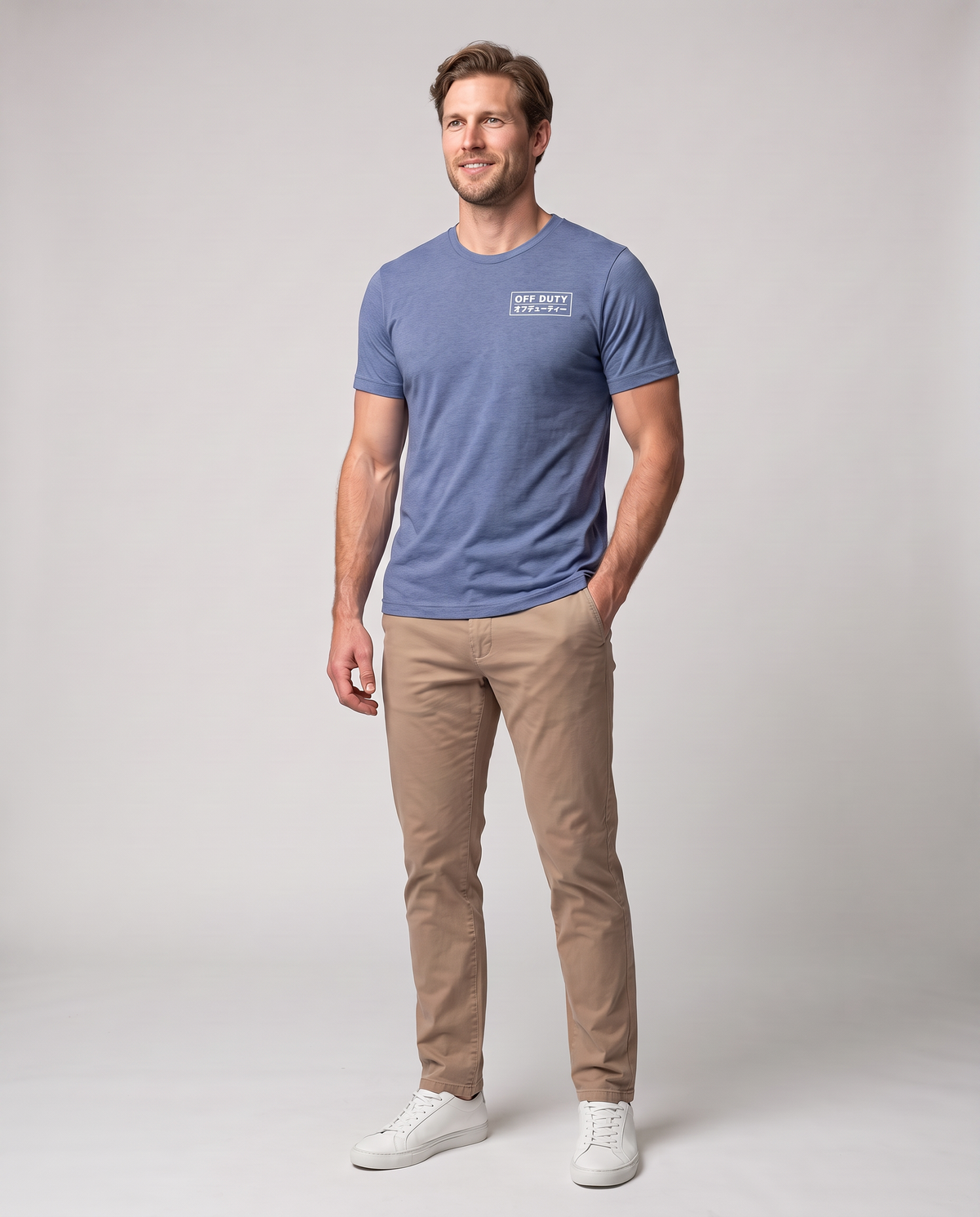 Off Duty Men's Triblend Tee in Blue on a studio model, close-up editorial view