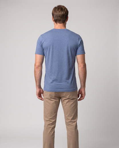 Off Duty Men's Triblend Tee in Blue on a studio model, back-facing view