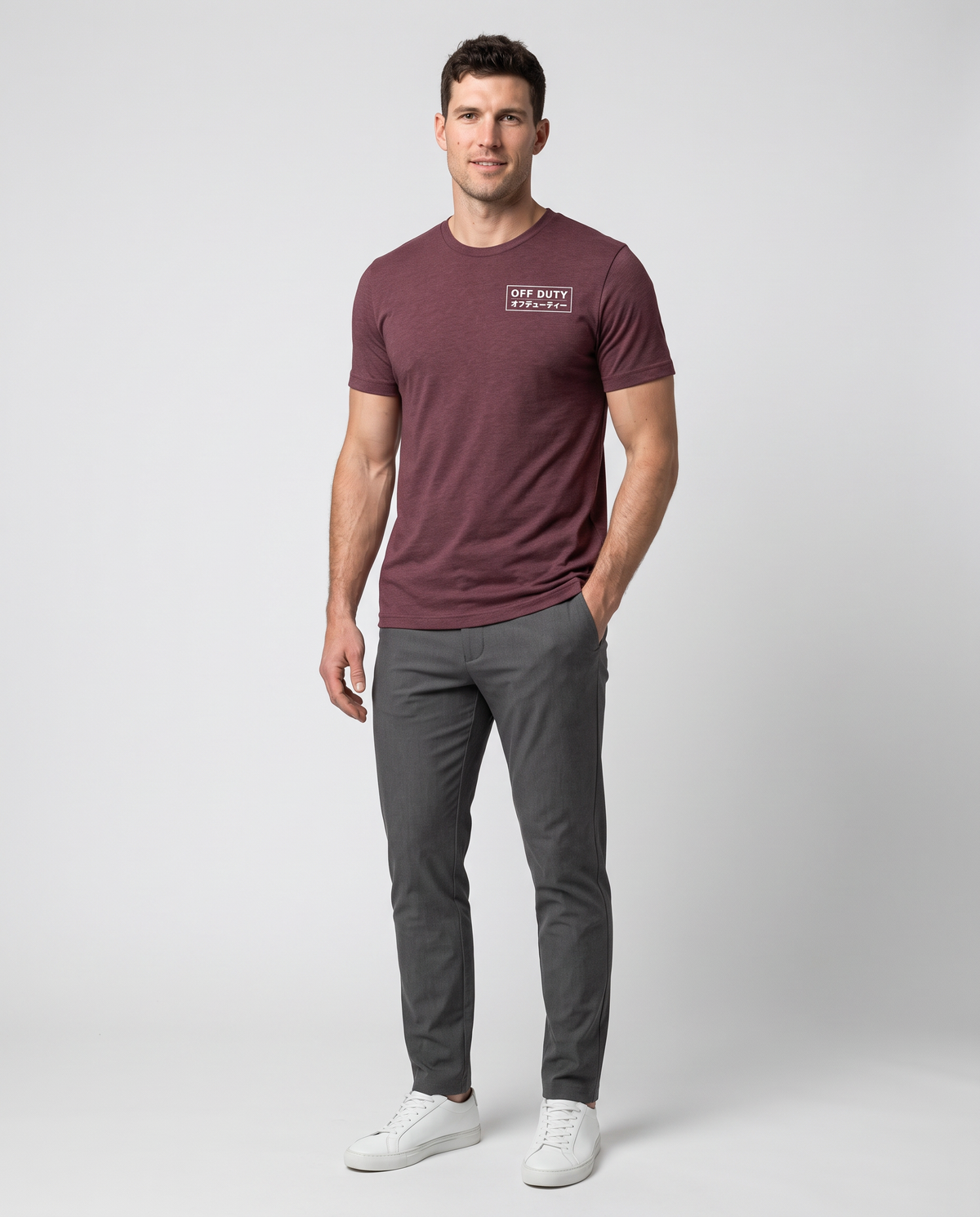 Off Duty Men's Triblend Tee in Red on a studio model, full-body view