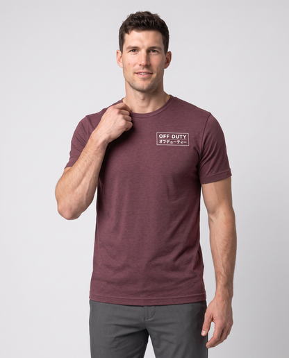 Off Duty Men's Triblend Tee in Red on a studio model, collar detail
