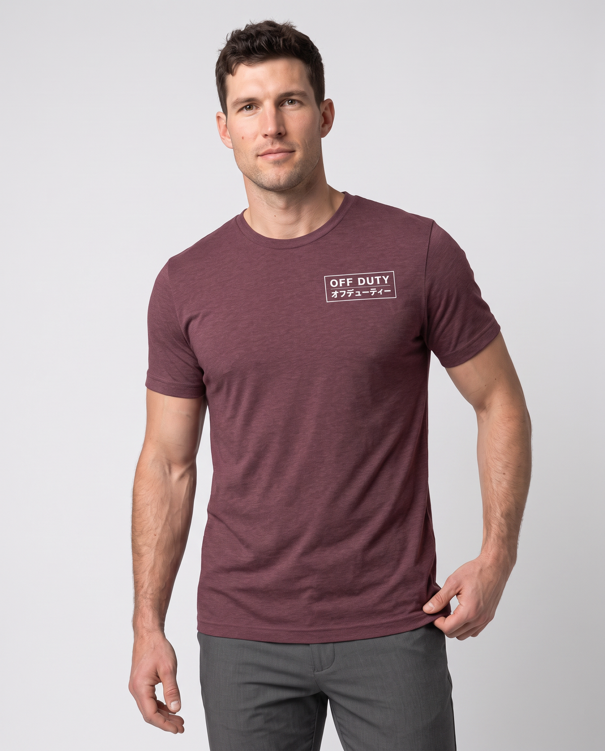 Off Duty Men's Triblend Tee in Red on a studio model, close-up editorial view