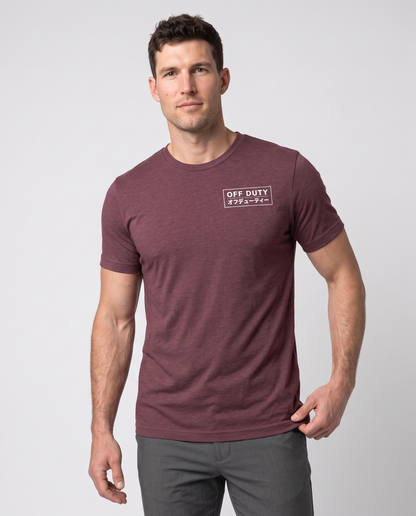 Off Duty Men's Triblend Tee in Red on a studio model, close-up editorial view