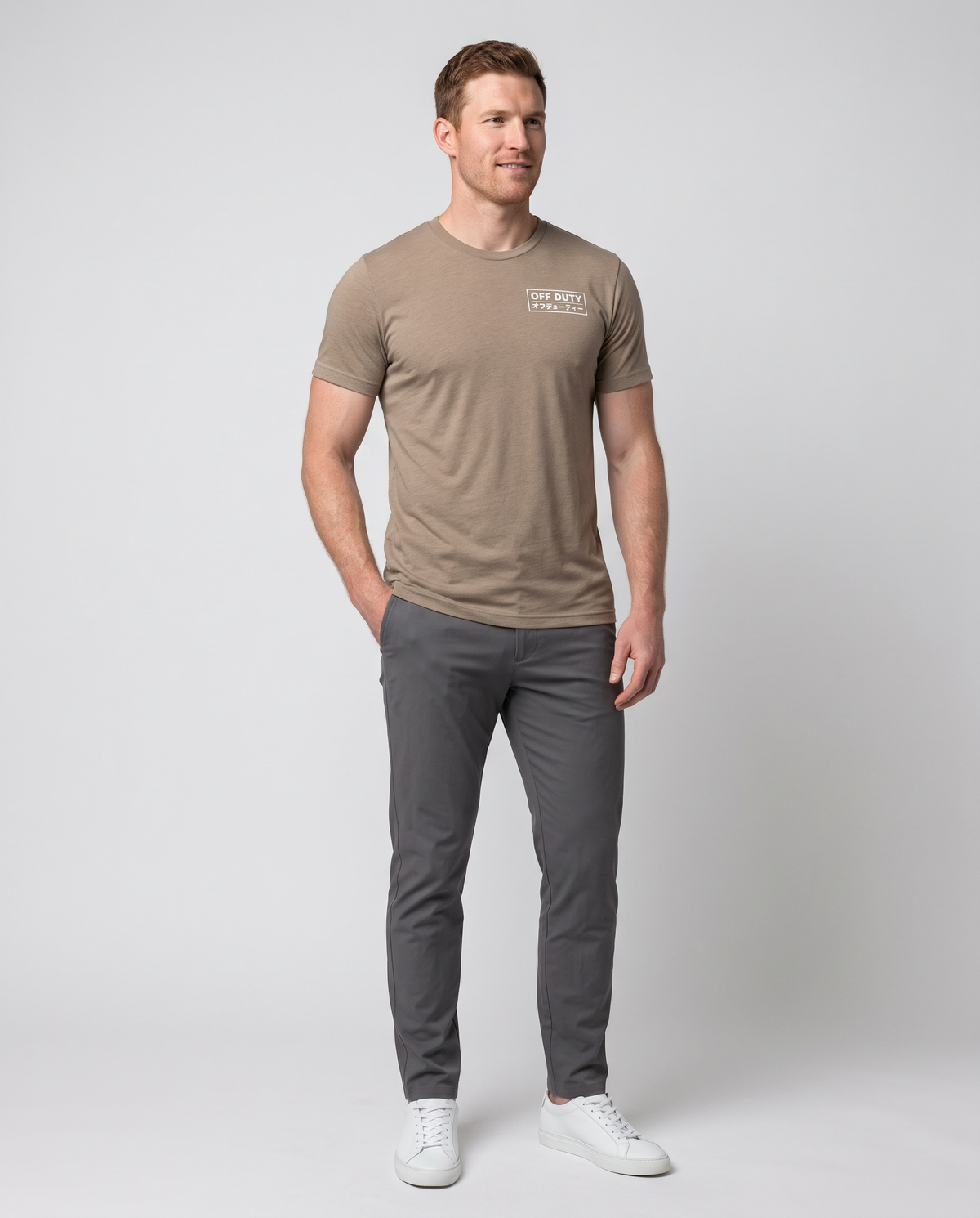 Off Duty Men's Triblend Tee in Tan on a studio model, restored scene