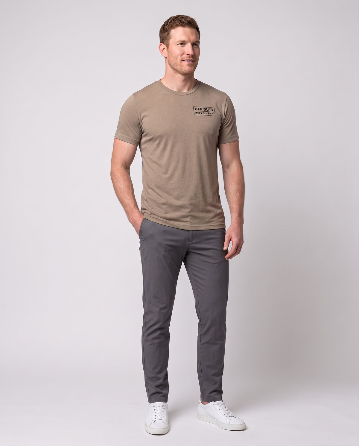 Off Duty Men's Triblend Tee in Tan on a studio model, three-quarter view