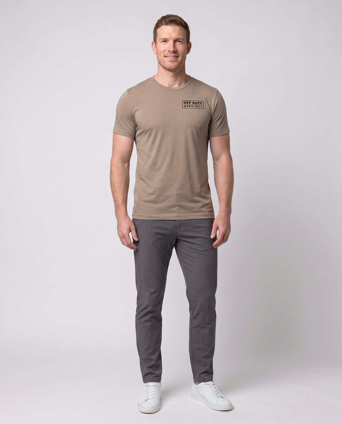 Off Duty Men's Triblend Tee in Tan on a studio model, front-facing view