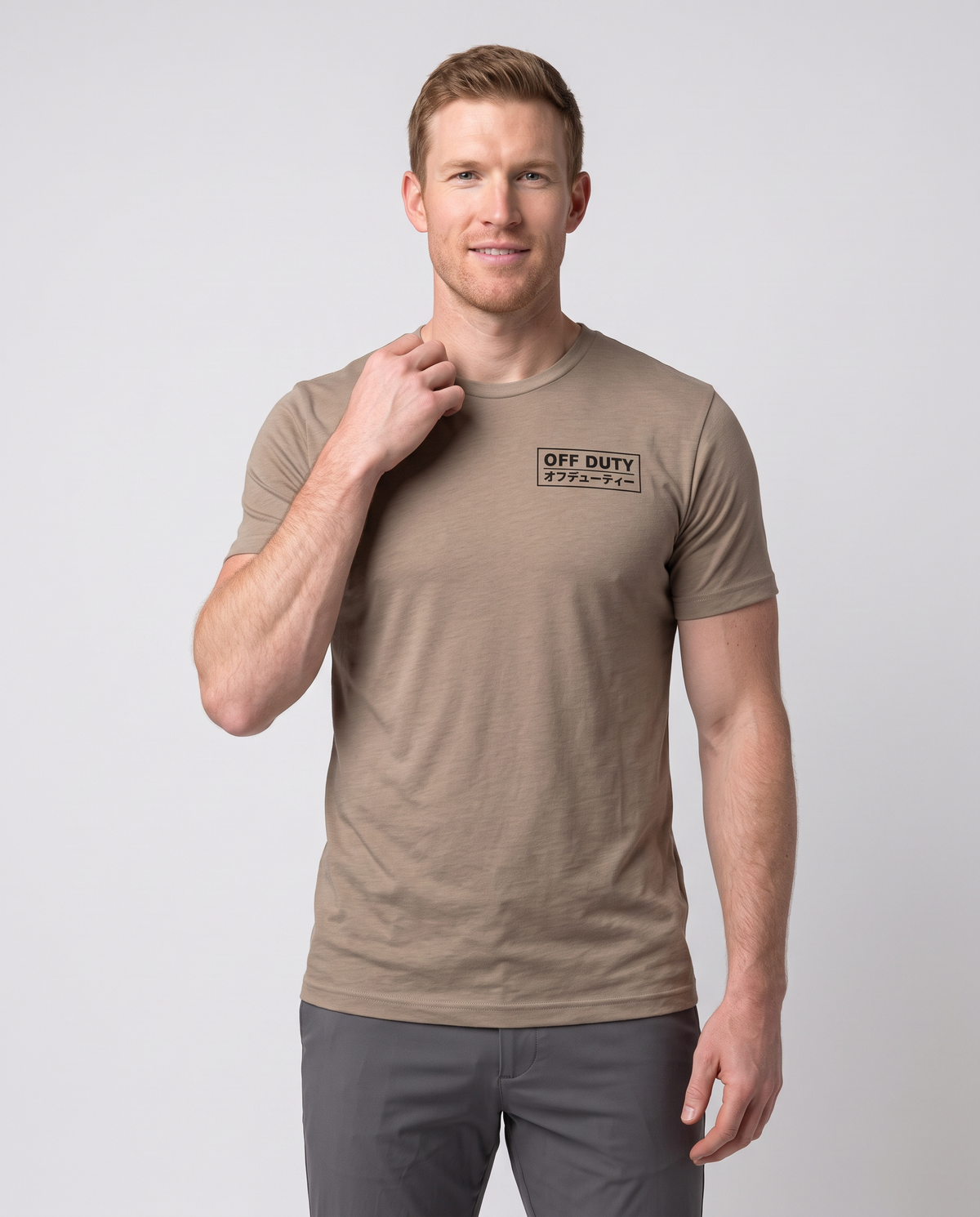 Off Duty Men's Triblend Tee in Tan on a studio model, collar detail