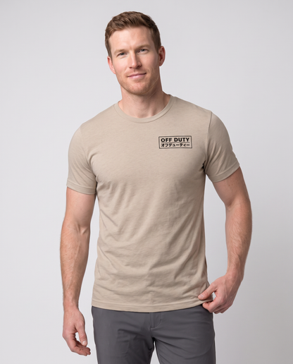 Off Duty Men's Triblend Tee in Tan on a studio model, close-up editorial view