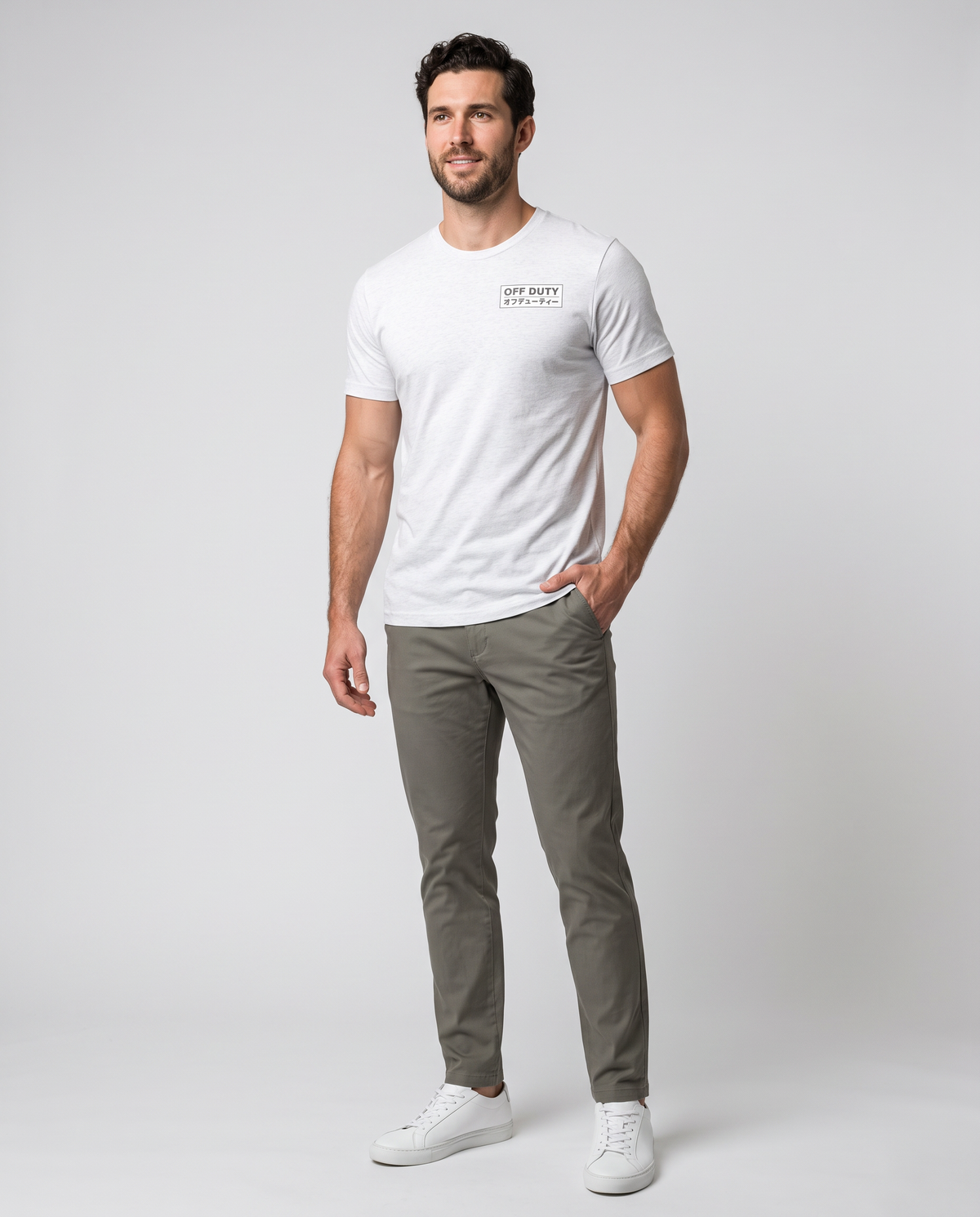 Off Duty Men's Triblend Tee in White on a studio model, full-body view