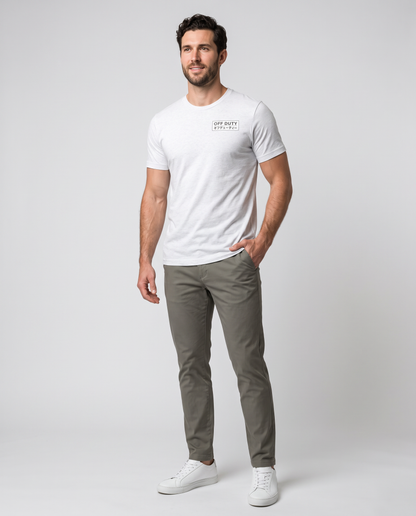 Off Duty Men's Triblend Tee in White on a studio model, full-body view