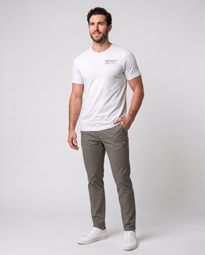 Off Duty Men's Triblend Tee in White on a studio model, restored scene