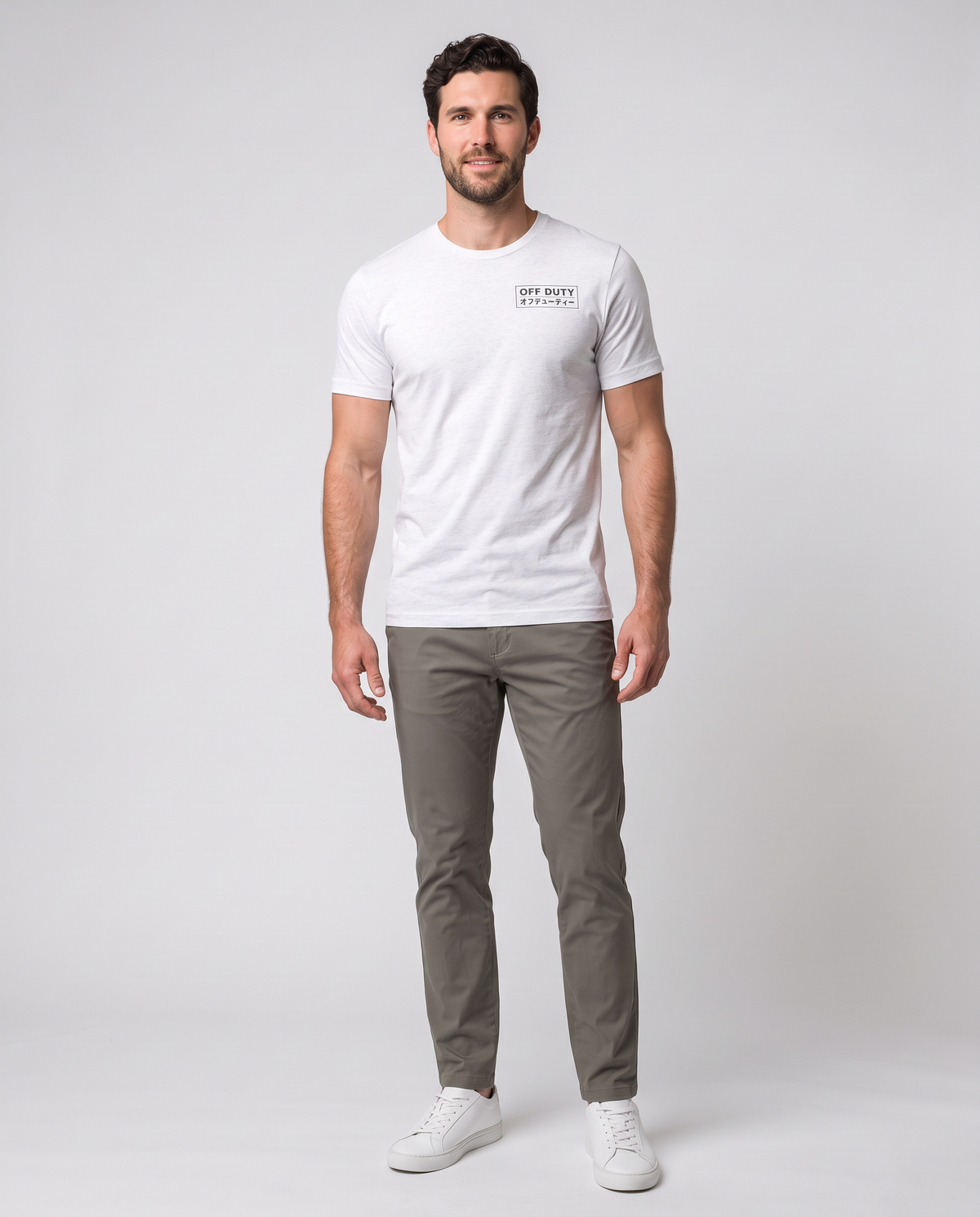 Off Duty Men's Triblend Tee in White on a studio model, front-facing view