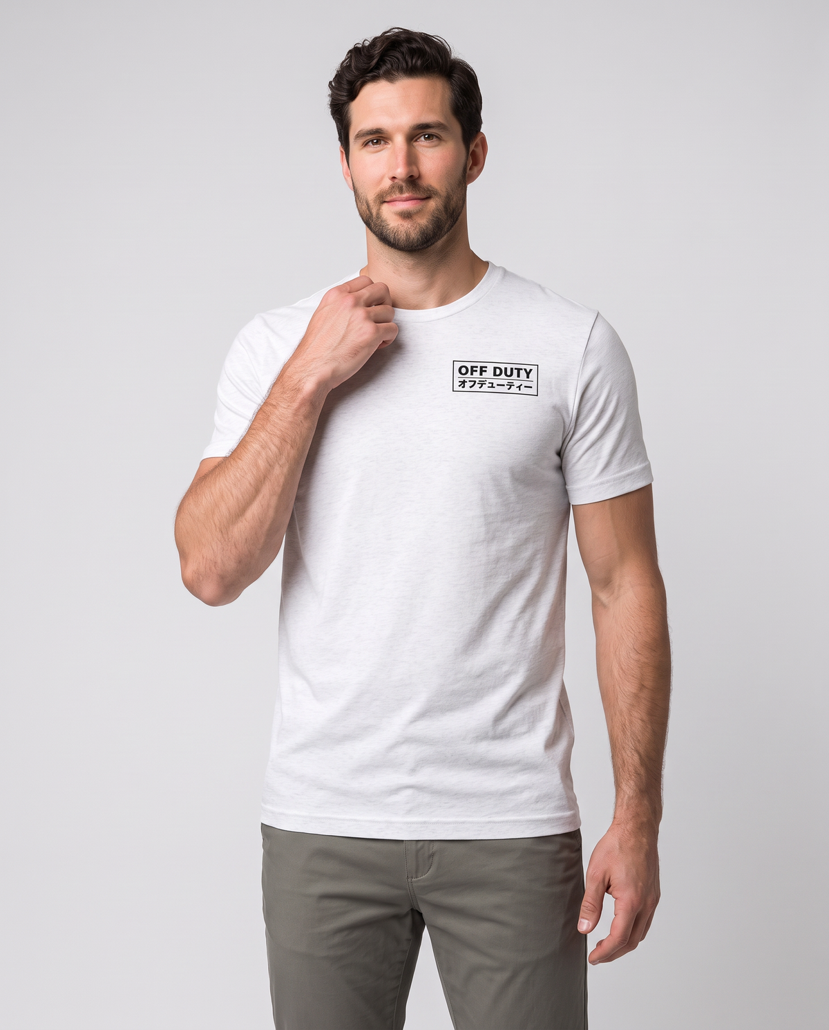 Off Duty Men's Triblend Tee in White on a studio model, collar detail