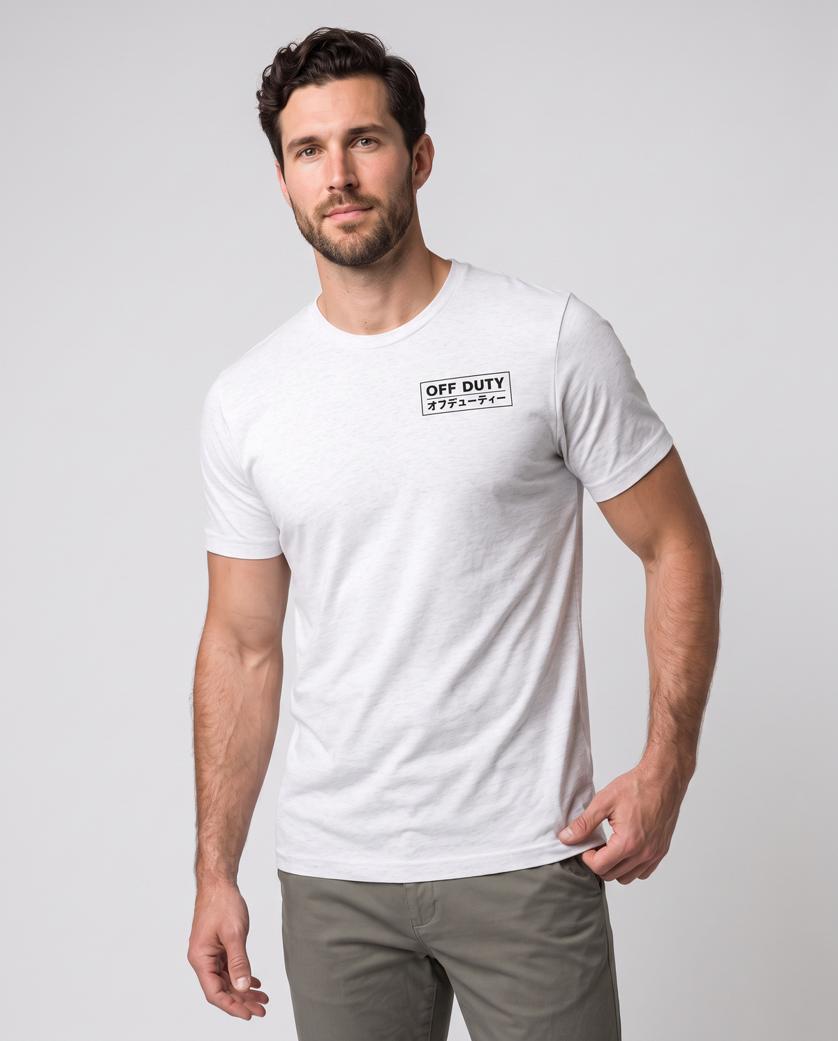 Off Duty Men's Triblend Tee in White on a studio model, close-up editorial view