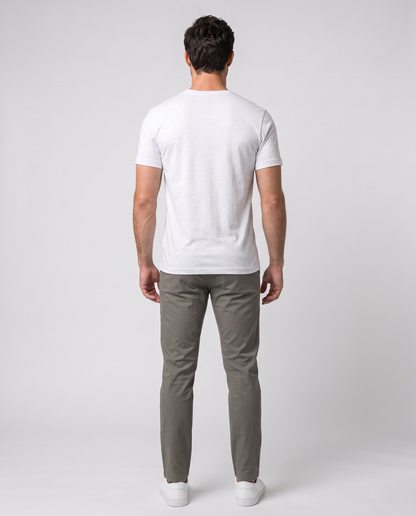 Off Duty Men's Triblend Tee in White on a studio model, back-facing view