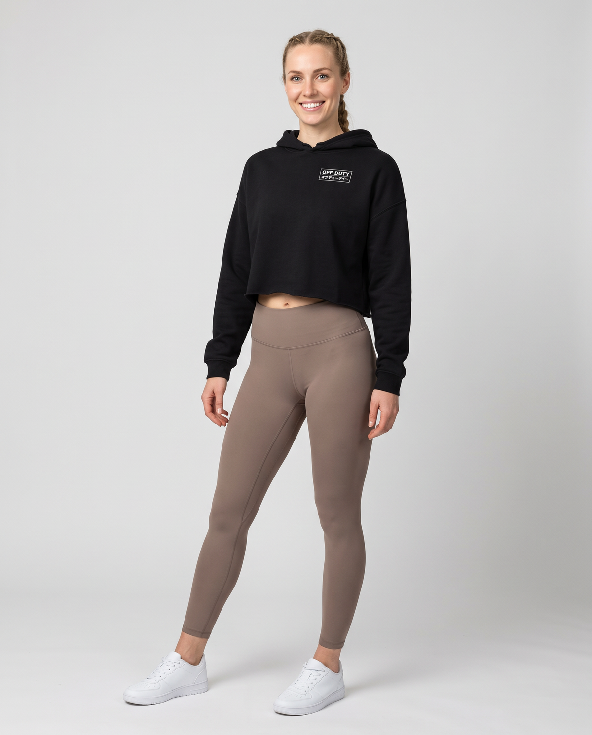 Off Duty The Sunday Cropped Hoodie in Black on model, scene 1 — od-color:black