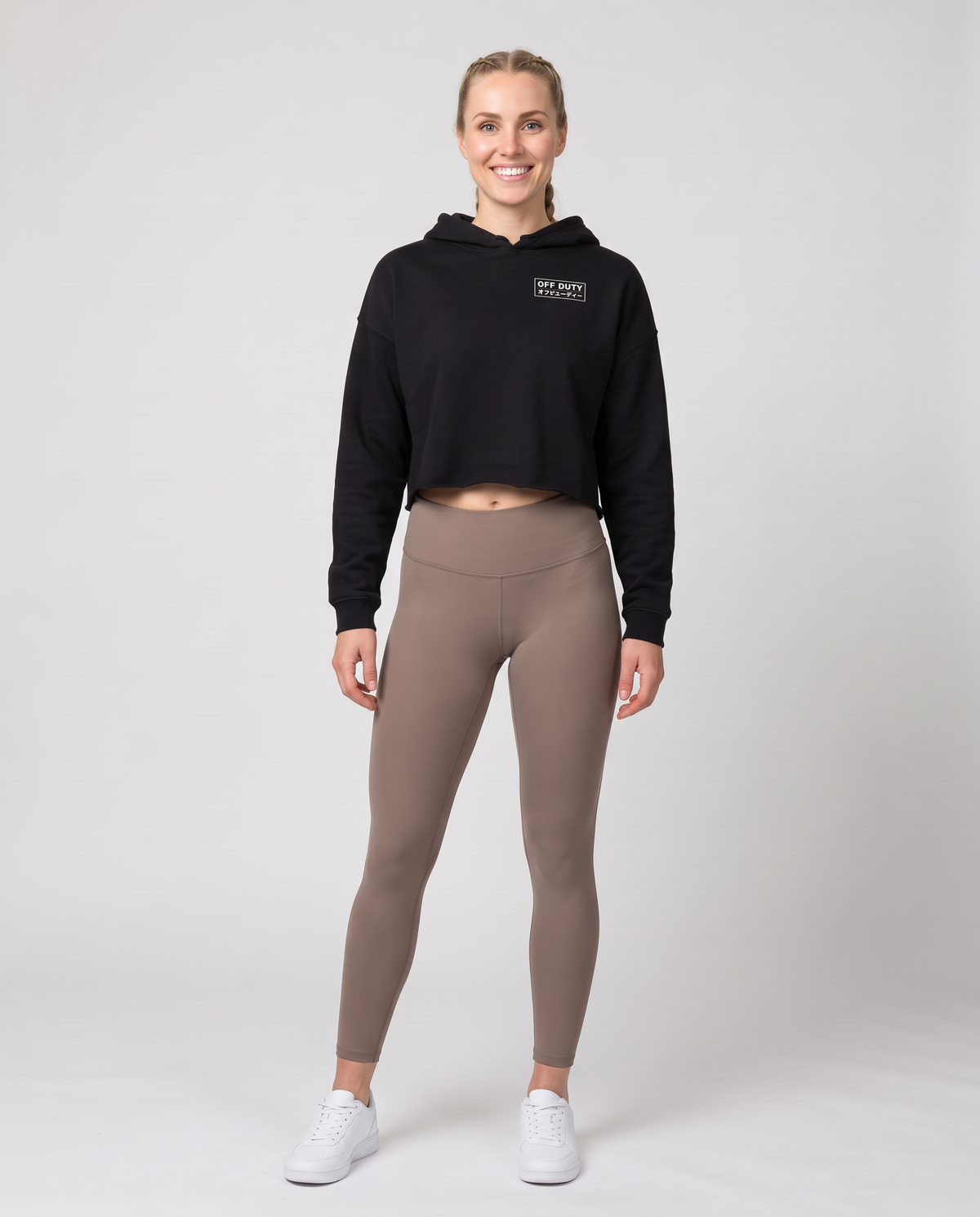 Off Duty The Sunday Cropped Hoodie in Black on model, scene 2 — od-color:black