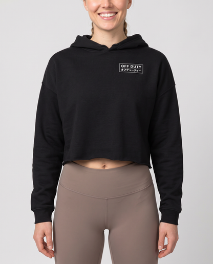 Off Duty The Sunday Cropped Hoodie in Black on model, scene 4 — od-color:black