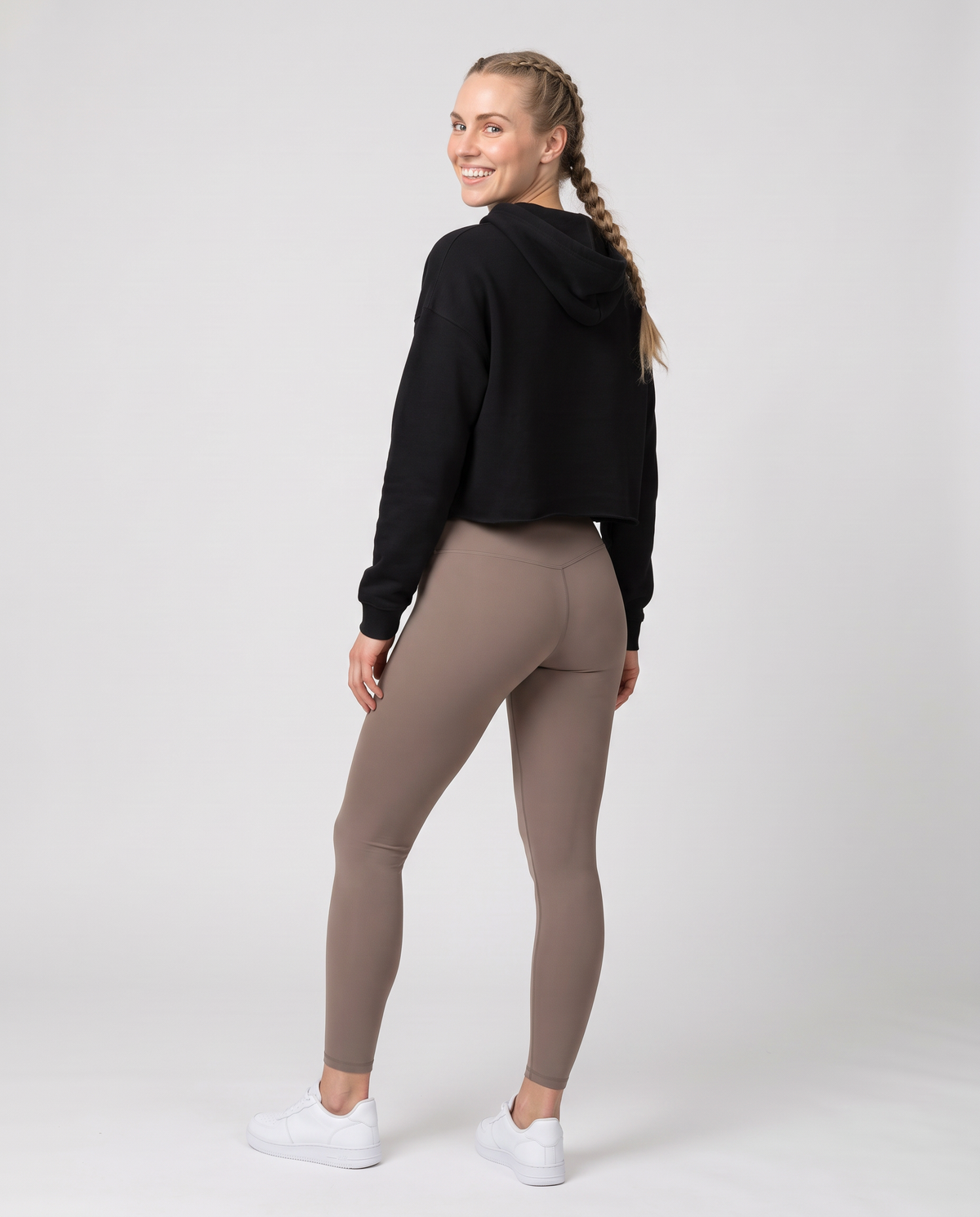Off Duty The Sunday Cropped Hoodie in Black on model, scene 6 — od-color:black