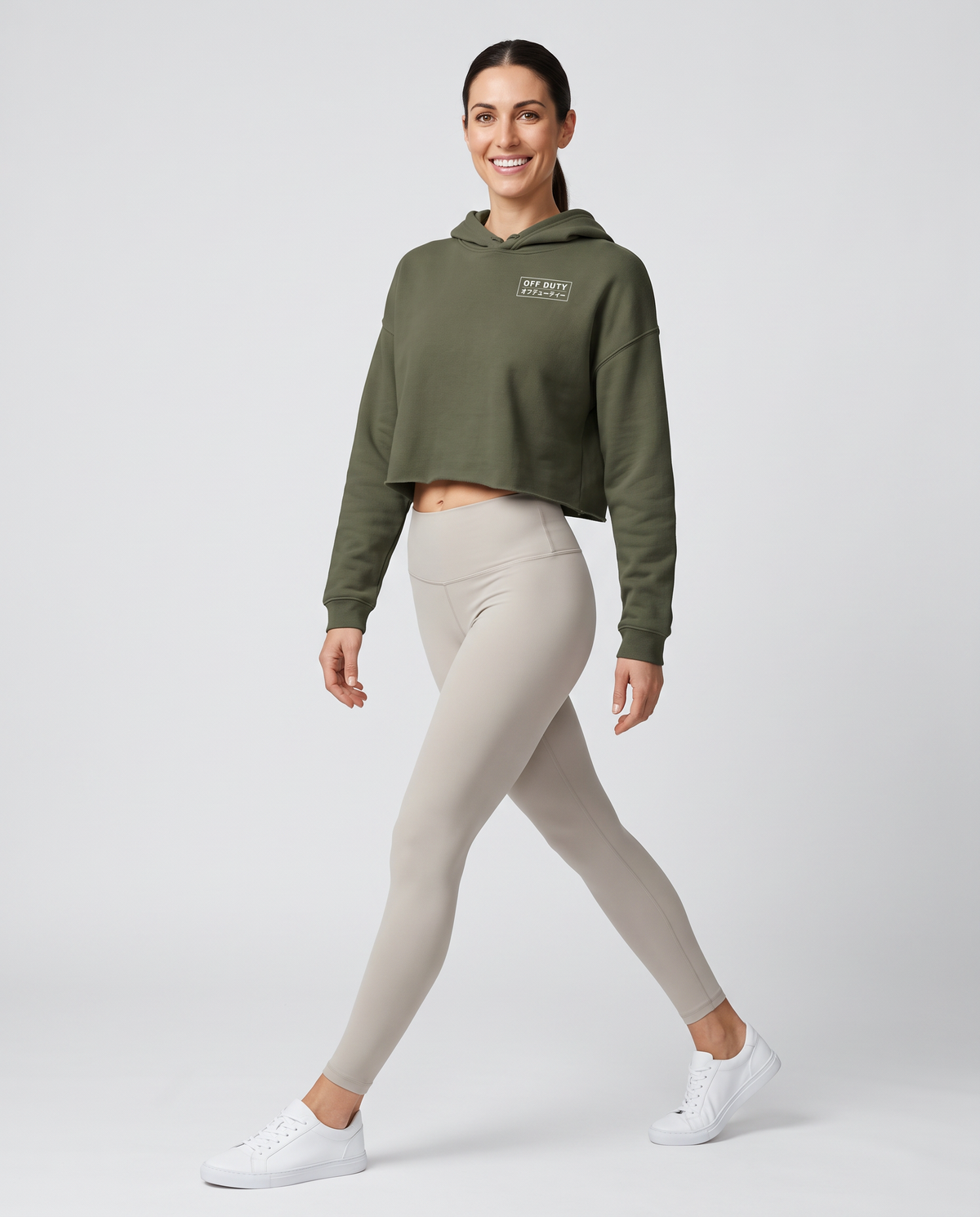 Off Duty The Sunday Cropped Hoodie in Military Green on model, scene 1 — od-color:military-green