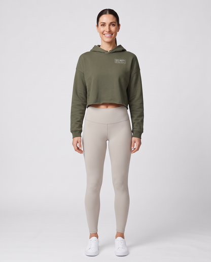 Off Duty The Sunday Cropped Hoodie in Military Green on model, scene 2 — od-color:military-green