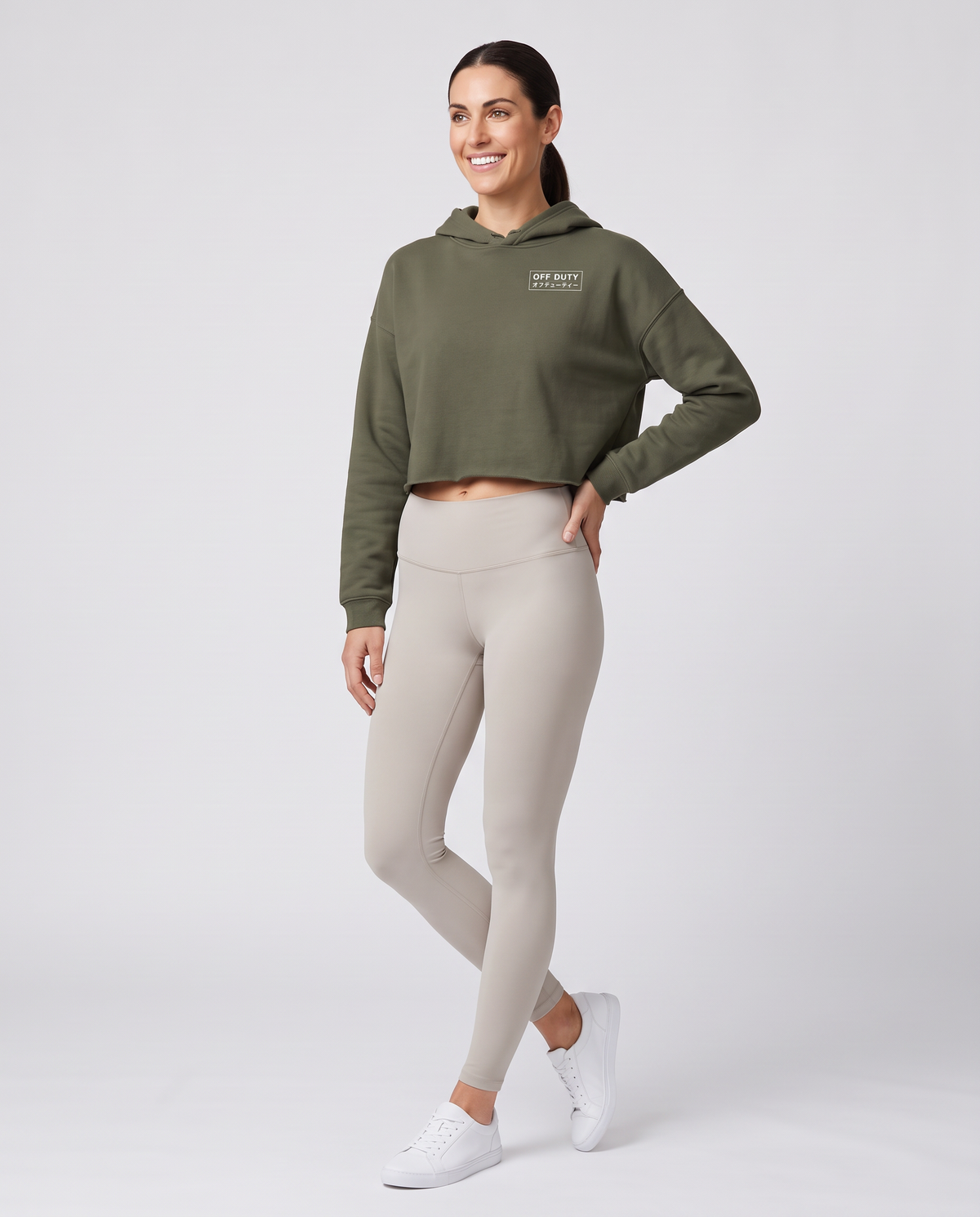 Off Duty The Sunday Cropped Hoodie in Military Green on model, scene 3 — od-color:military-green