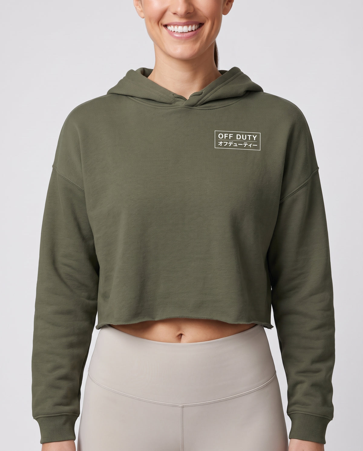 Off Duty The Sunday Cropped Hoodie in Military Green on model, scene 4 — od-color:military-green