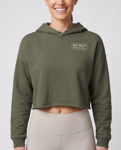 Off Duty The Sunday Cropped Hoodie in Military Green on model, scene 4 — od-color:military-green
