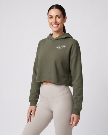 Off Duty The Sunday Cropped Hoodie in Military Green on model, scene 5 — od-color:military-green