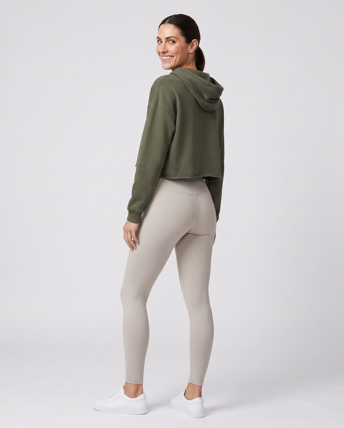 Off Duty The Sunday Cropped Hoodie in Military Green on model, scene 6 — od-color:military-green