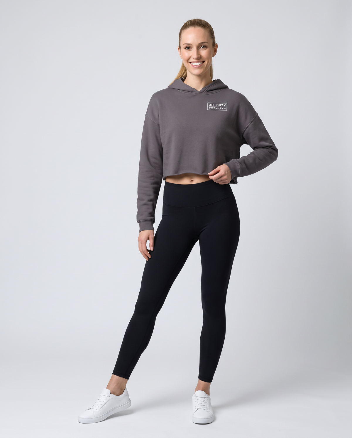 Off Duty The Sunday Cropped Hoodie in Storm on model, scene 1 — od-color:storm