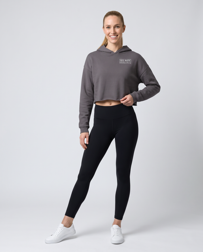 Off Duty The Sunday Cropped Hoodie in Storm on model, scene 1 — od-color:storm