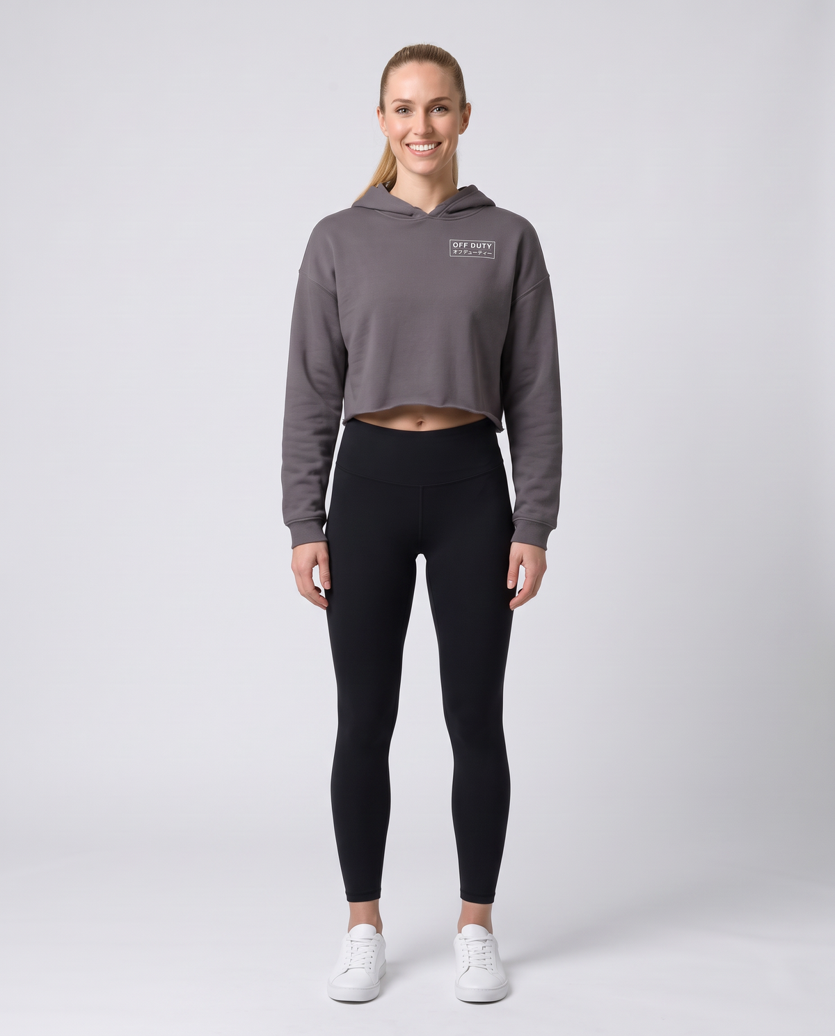 Off Duty The Sunday Cropped Hoodie in Storm on model, scene 2 — od-color:storm