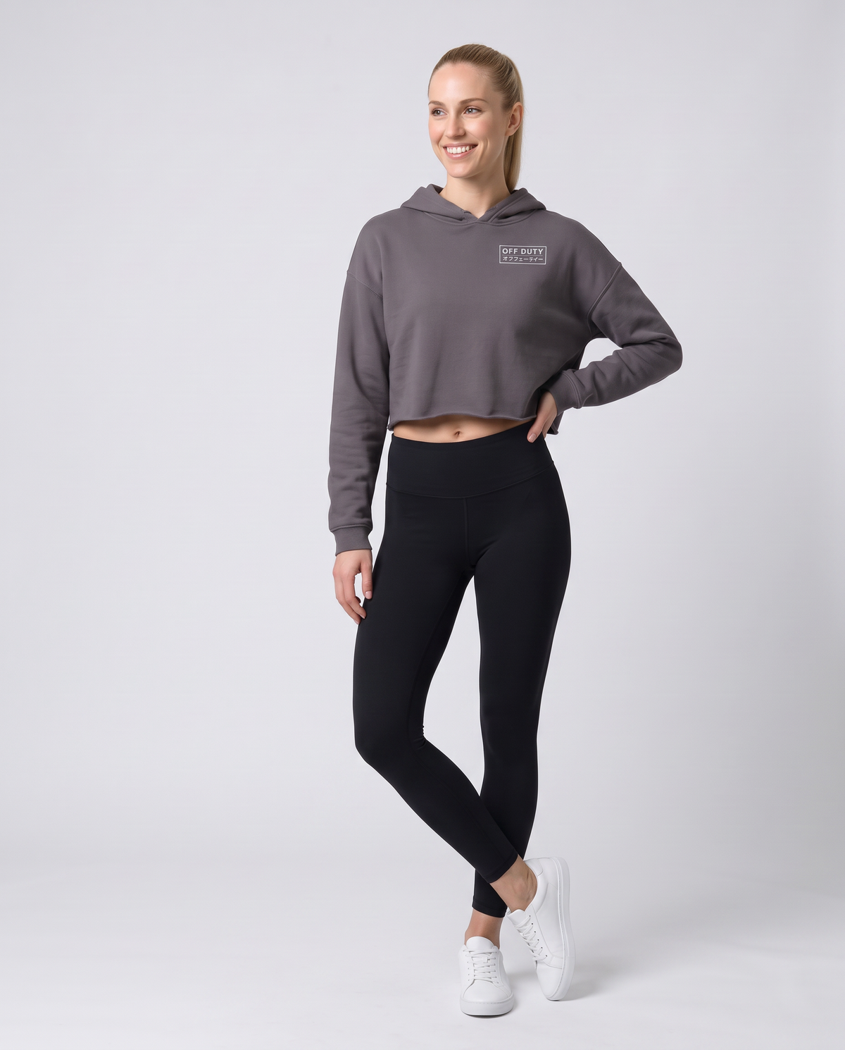 Off Duty The Sunday Cropped Hoodie in Storm on model, scene 3 — od-color:storm