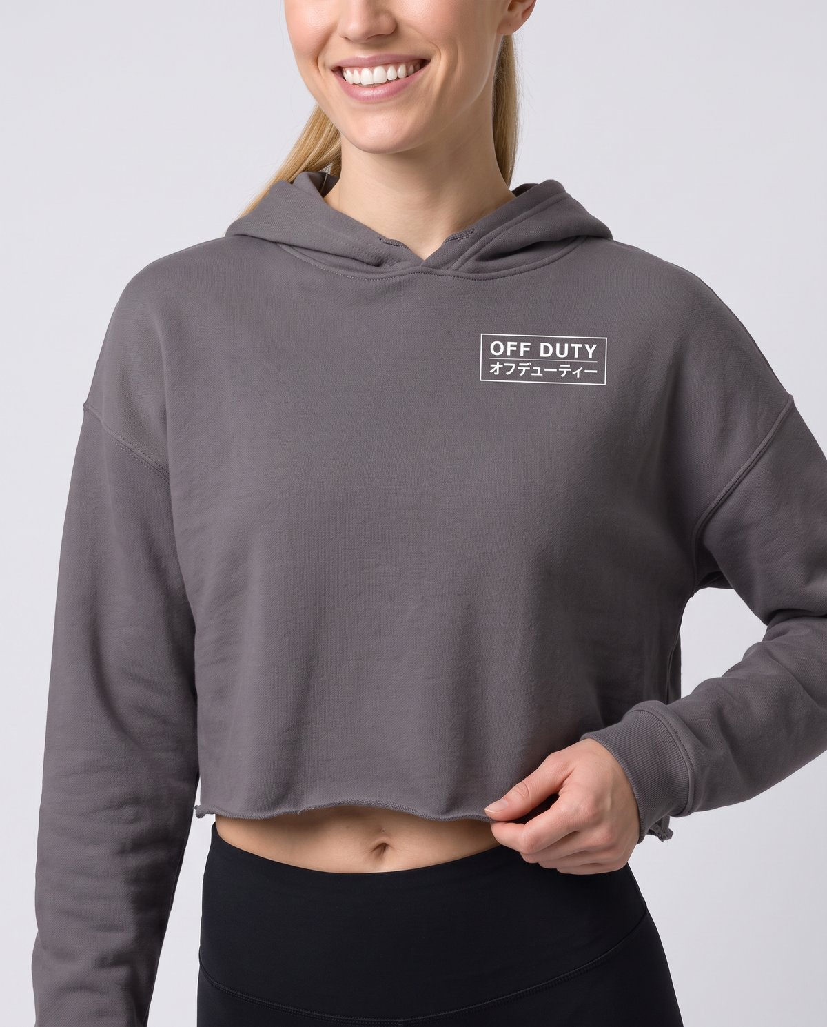 Off Duty The Sunday Cropped Hoodie in Storm on model, scene 4 — od-color:storm