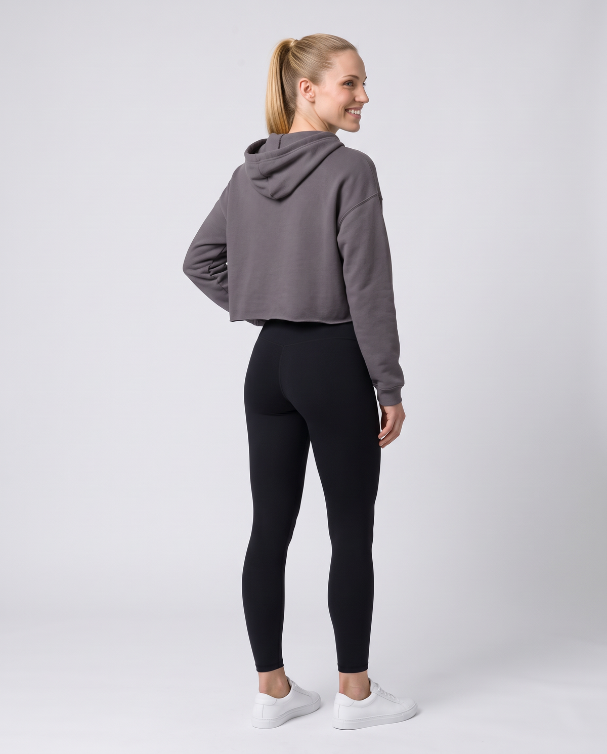 Off Duty The Sunday Cropped Hoodie in Storm on model, scene 6 — od-color:storm