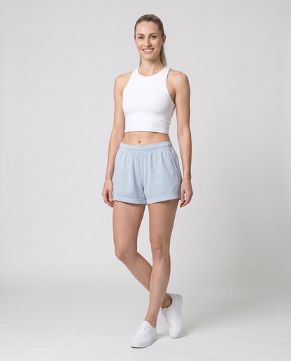 Off Duty Sunday Shorts in Light Washed Denim on model, scene 3 — od-color:light-washed-denim