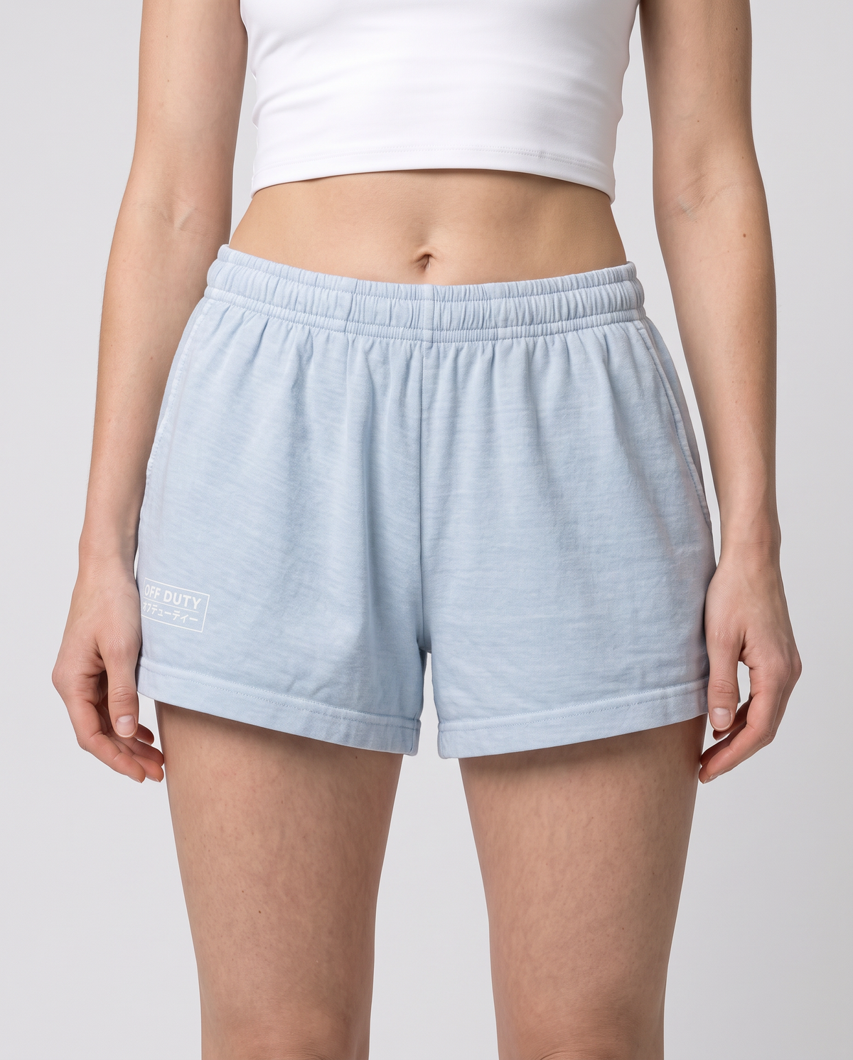 Off Duty Sunday Shorts in Light Washed Denim on model, scene 4 — od-color:light-washed-denim