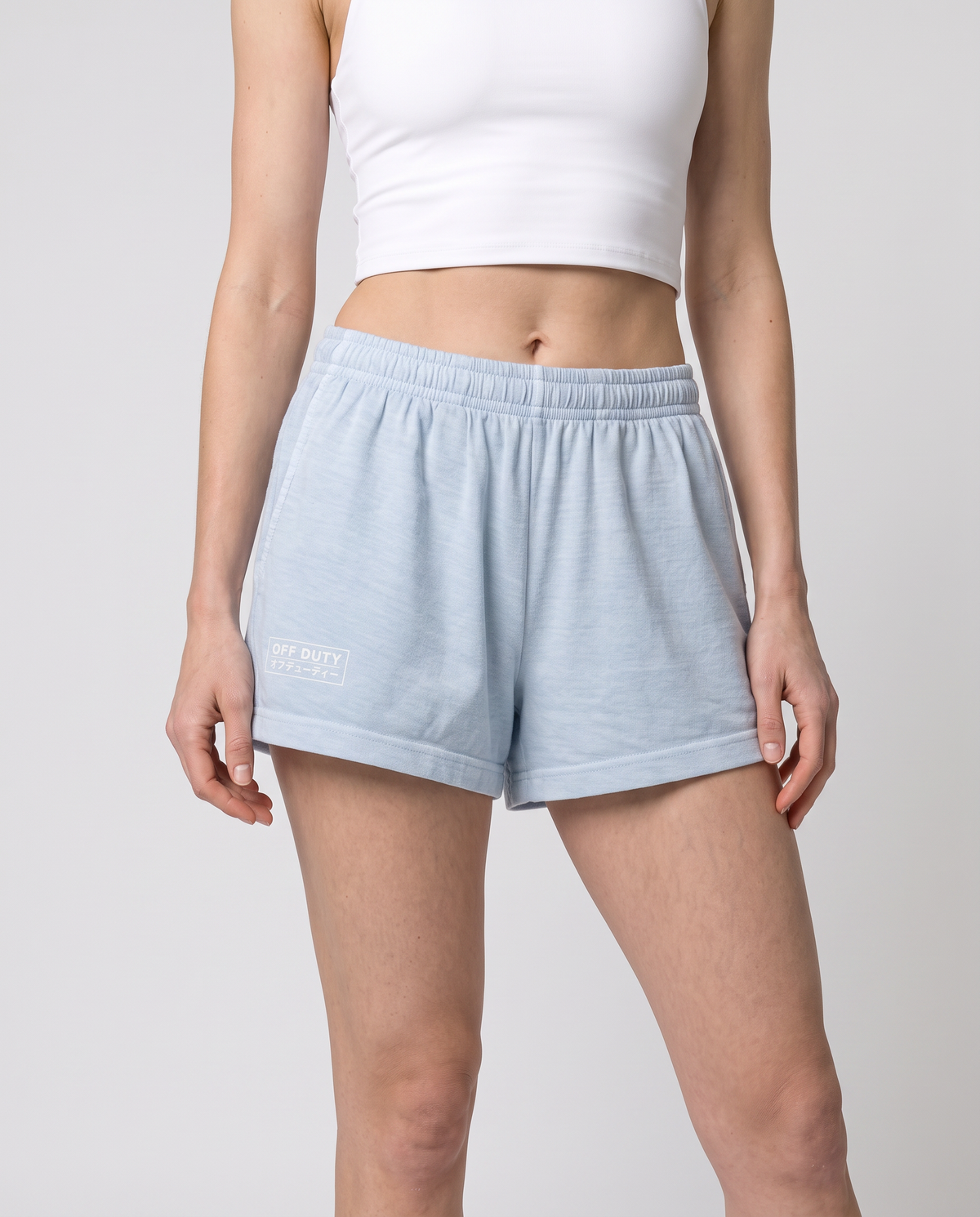 Off Duty Sunday Shorts in Light Washed Denim on model, scene 5 — od-color:light-washed-denim