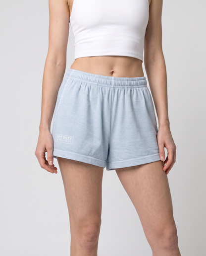 Off Duty Sunday Shorts in Light Washed Denim on model, scene 5 — od-color:light-washed-denim