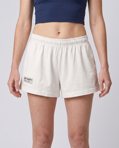 Off Duty Sunday Shorts in Vintage White on model, scene 4 — od-color:vintage-white