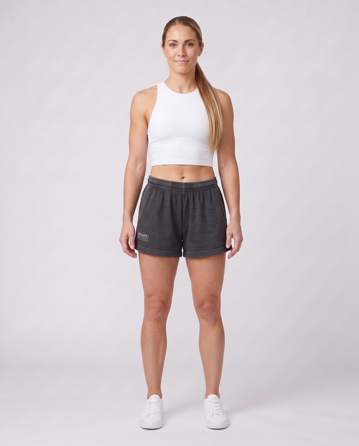 Off Duty Sunday Shorts in Washed Black on model, scene 2 — od-color:washed-black