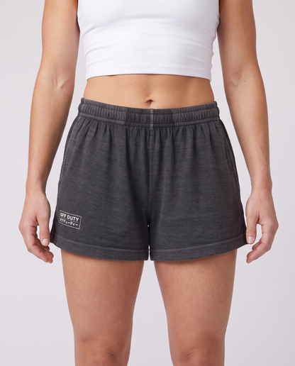 Off Duty Sunday Shorts in Washed Black on model, scene 4 — od-color:washed-black