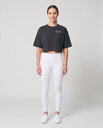 Off Duty The Weekend Cropped Tee in Washed Black on model, scene 2 — od-color:washed-black